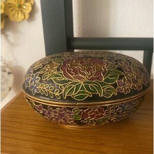 Vintage Lidded Enamel Trinket Brass Cloisonné Egg Dish Floral Pattern